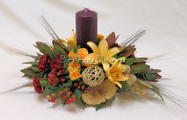 Inspired Designs Fall Centerpiece With Candle(s) from Bakanas Florist & Gifts, flower shop in Marlton, NJ
