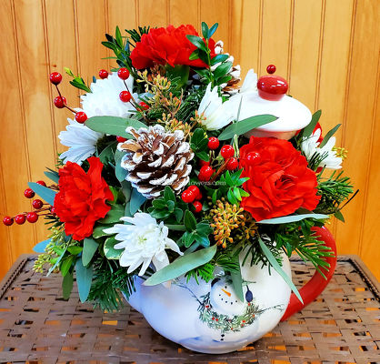 Cynthia Dunn Snowman Teapot Arrangement from Bakanas Florist & Gifts, flower shop in Marlton, NJ