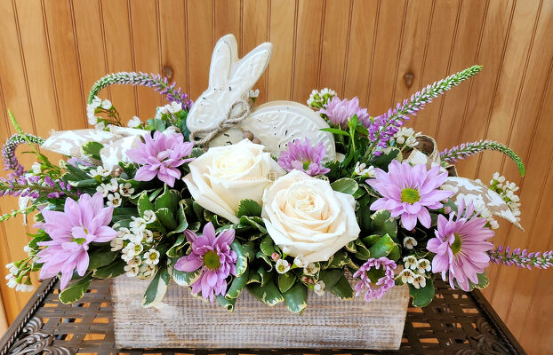 Rabbit in the Garden Centerpiece from Bakanas Florist & Gifts, flower shop in Marlton, NJ