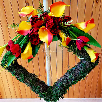 Red & Yellow Calla Lily Silk Wreath from Bakanas Florist & Gifts, flower shop in Marlton, NJ