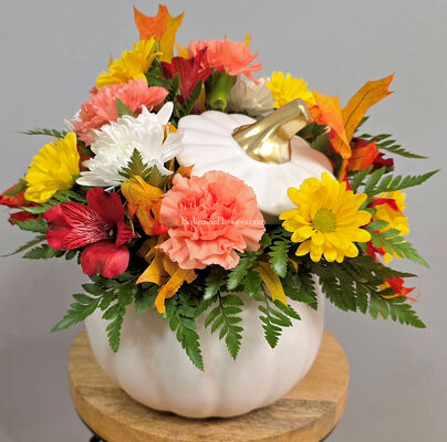 Autumn Radiance Pumpkin Bouquet from Bakanas Florist & Gifts, flower shop in Marlton, NJ