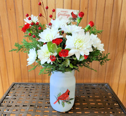 Season's Greeting Cardinal Jar from Bakanas Florist & Gifts, flower shop in Marlton, NJ