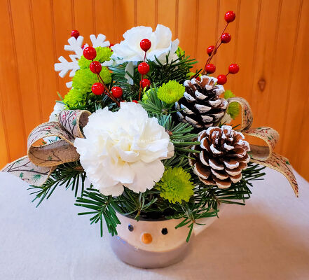 Winter Snowman Mug Arrangement from Bakanas Florist & Gifts, flower shop in Marlton, NJ