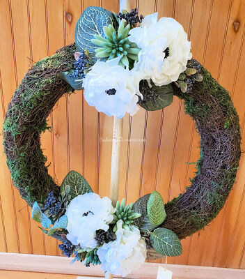 White Silk Wreath with Succulents from Bakanas Florist & Gifts, flower shop in Marlton, NJ