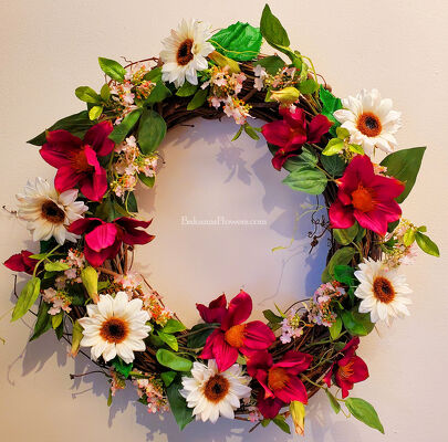 Magenta Clematis & Cream Sunflower Silk Wreath  from Bakanas Florist & Gifts, flower shop in Marlton, NJ